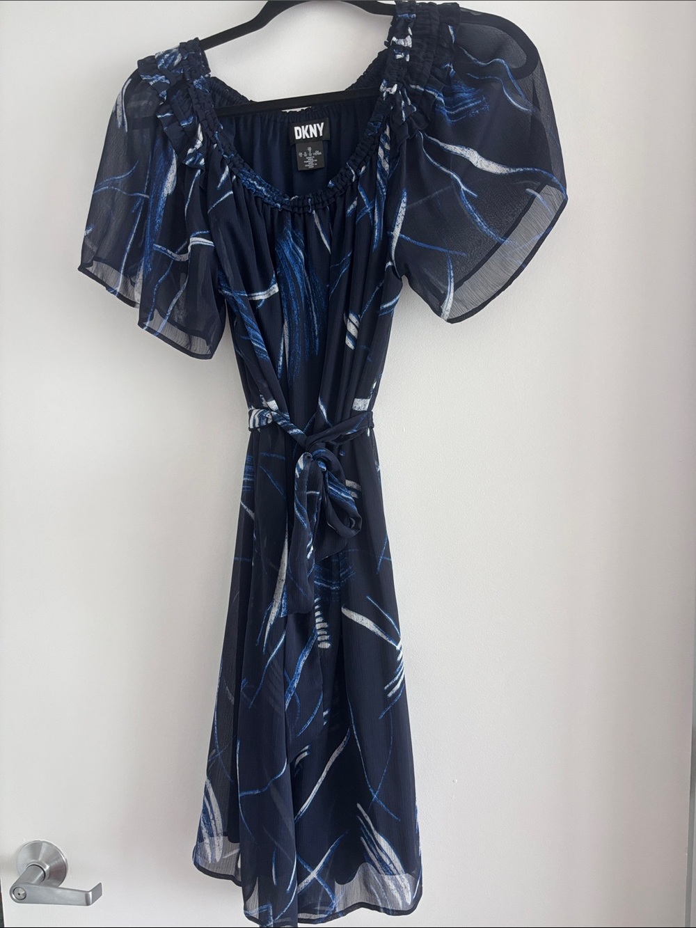 DKNY Navy and White Abstract-Print Belted Midi Dress